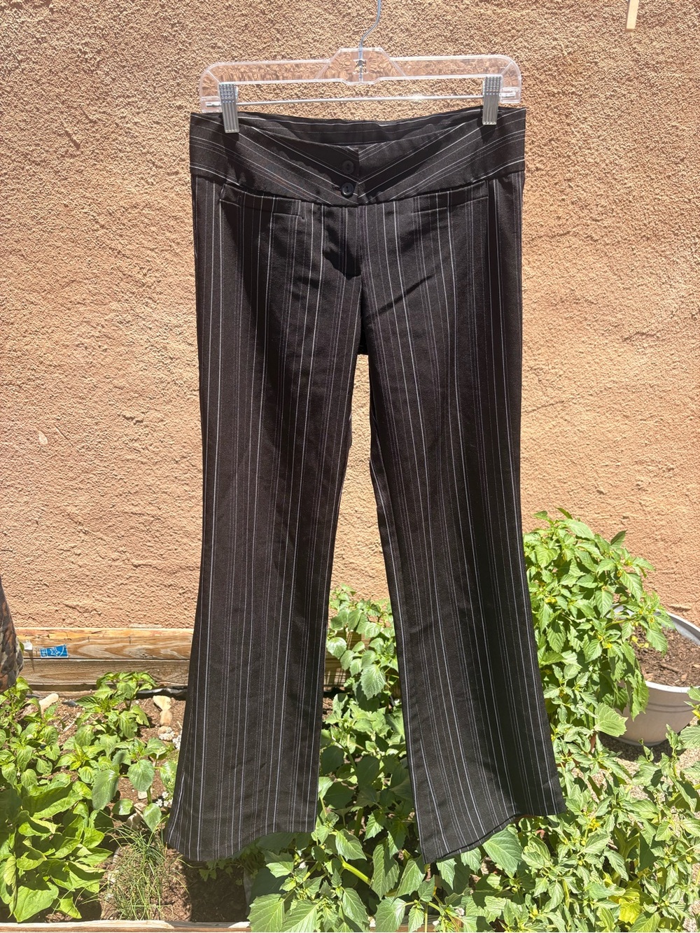 Poetry Clothing Vintage Black Pinstripe Flared Low-Rise Trouser Pants